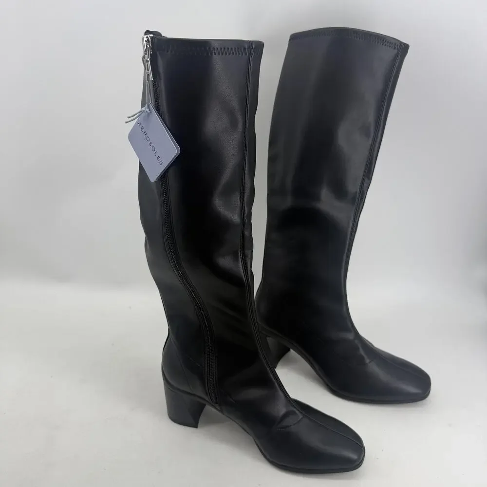 Aerosoles Centola Boots Womens Size 6.5W Black Knee High Stretch Zip Riding